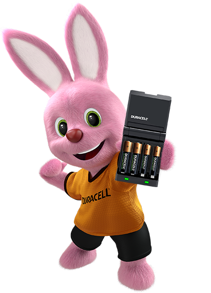Bunny tenant un chargeur de batterie avec quatre piles rechargeables à l'intérieur
