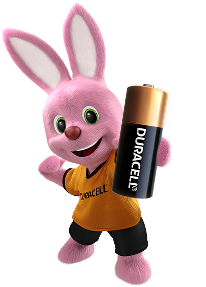 Duracell Bunny tenant une pile Duracell spéciale alcaline N 1.5V