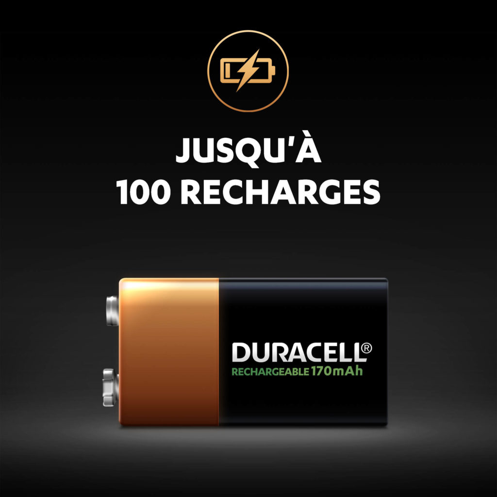 Les piles rechargeables Duracell 9V 170mAh peuvent être rechargées jusqu'à 100 fois