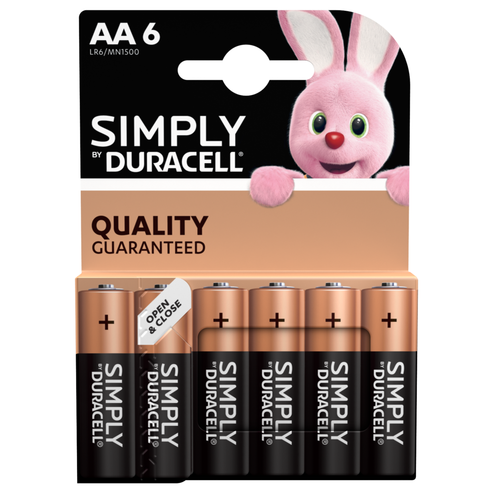 Piles Alcalines Simply AA de Duracell en paquet de 6 pièces